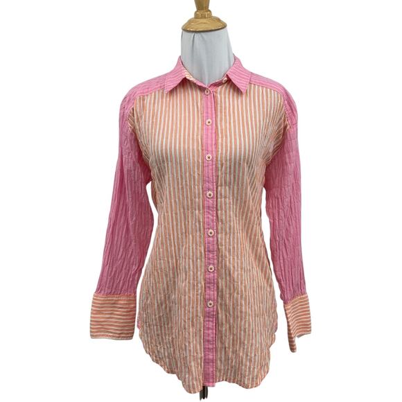 Maeve Tops - Maeve Shirt Women XS Extra Small Pink Orange Striped Button Up Gauzy Long Sleeve